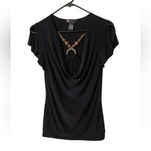 Carole Little Vintage Cap Sleeve Black Pullover Blouse w/ Attached Necklace EDGY